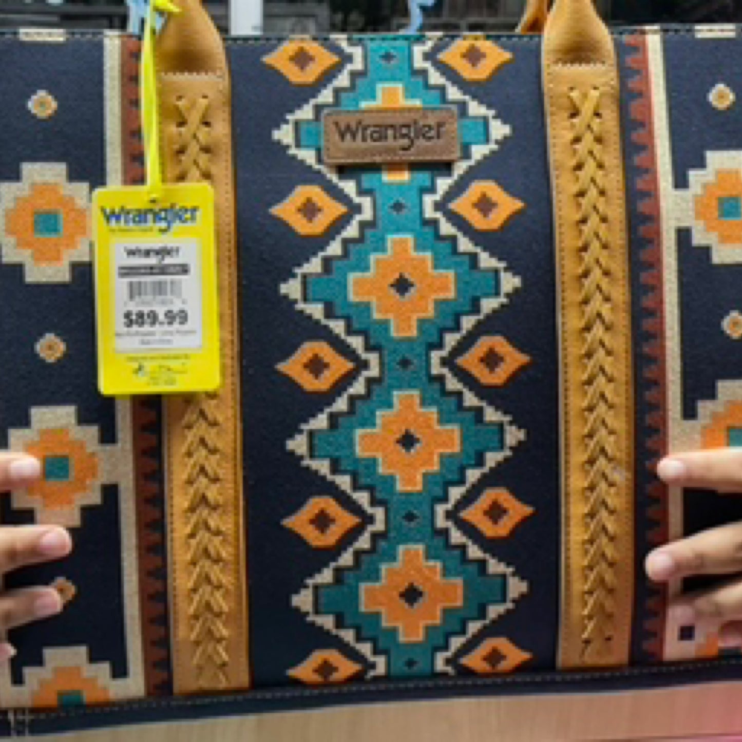 Wrangler Southwestern Pattern Dual Sided Print Canvas Wide Tote Dark Blue