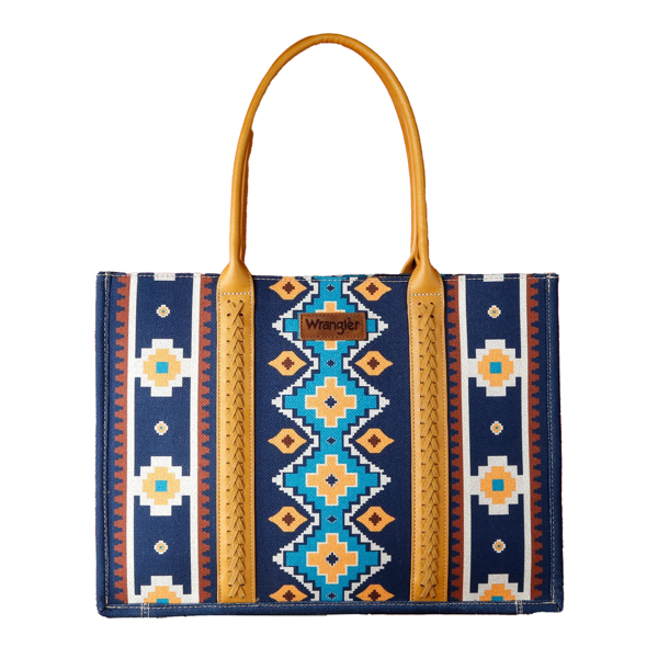 Wrangler Southwestern Pattern Dual Sided Print Canvas Wide Tote Dark Blue