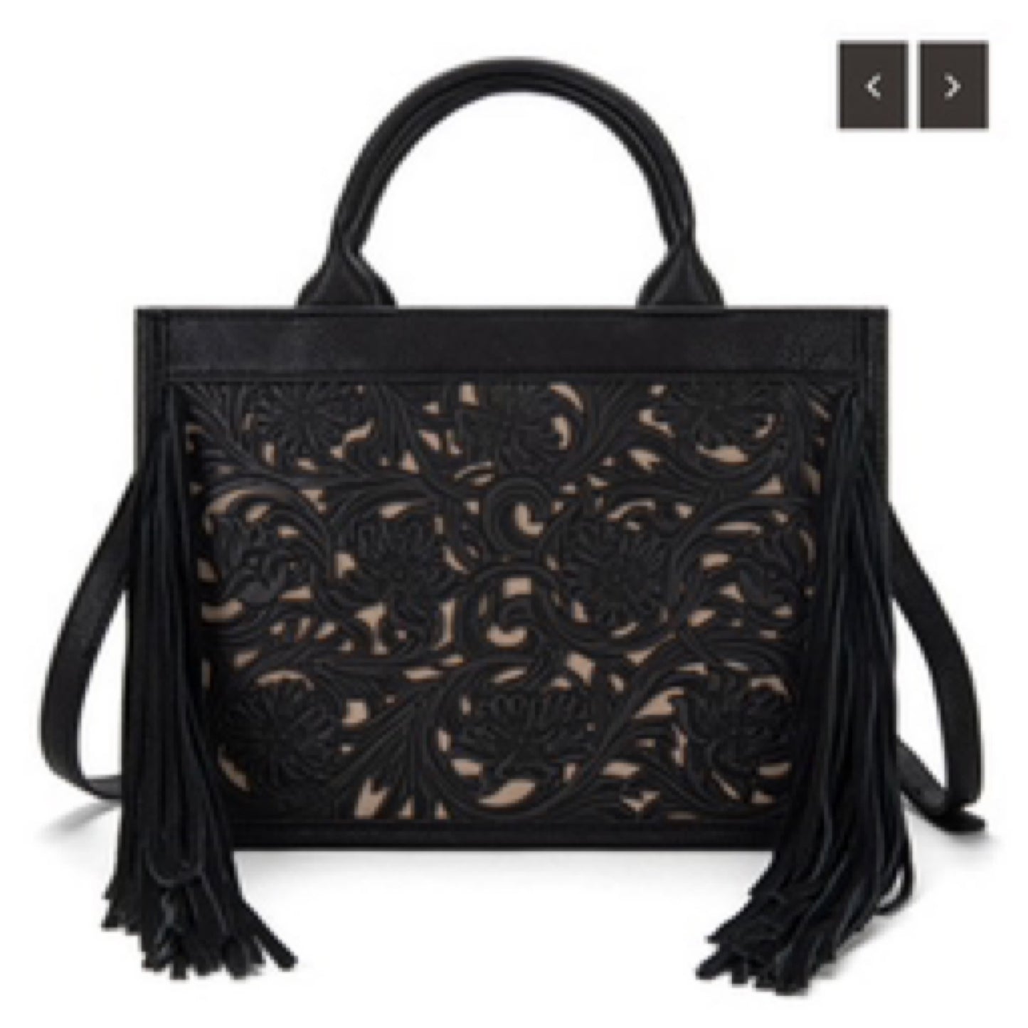 Trinity Ranch Floral Tooled Fringe Concealed Carry Tote/Crossbody black