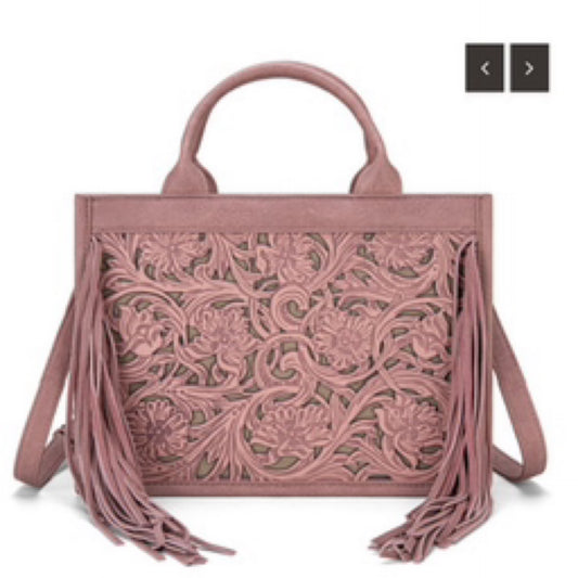 Trinity Ranch Floral Tooled Fringe Concealed Carry Tote/Crossbody pink