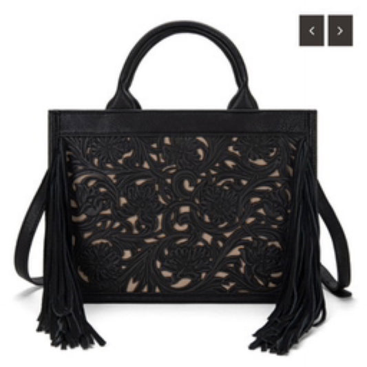 Trinity Ranch Floral Tooled Fringe Concealed Carry Tote/Crossbody black